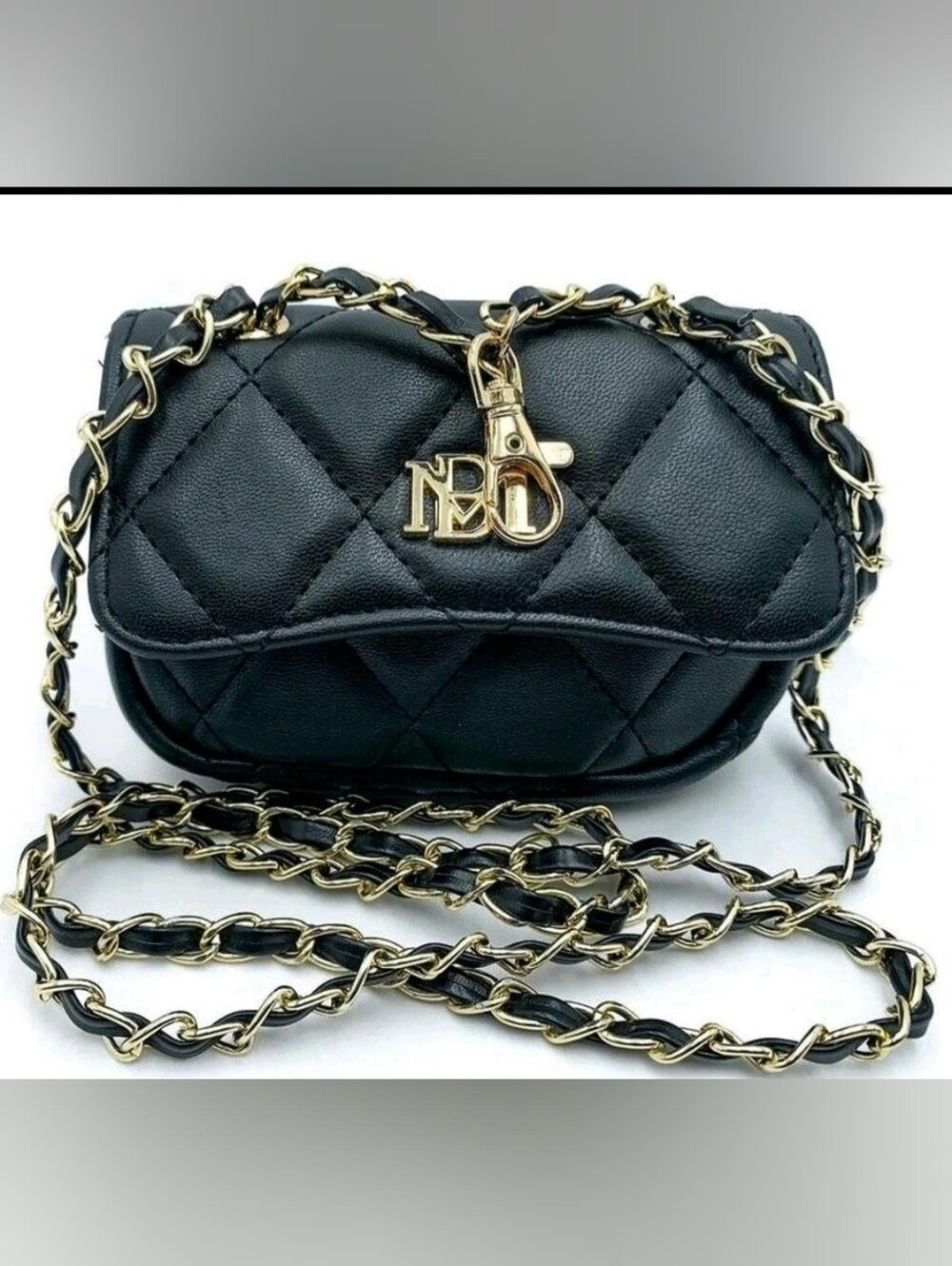 Badgley Mischka Black Quilted Mini Purse Chain Vegan Crossbody